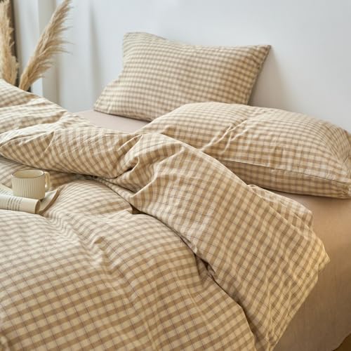Image of EAVD Vintage Style Brown&Beige Plaid Duvet Cover Queen Soft 100% Washed Cotton Chic Checkered Gingham Bedding Set with 2 Pillowcases Farmhouse Brown Gingham Duvet Cover with Zipper Closure