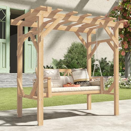 Aoxun Cedar Wood Outdoor Pergola Swing Bench, Porch Swing with Stand, 3-Seat Hammock Patio Swing Set with Canopy，Metal Chains for Backyard, Garden, Natural