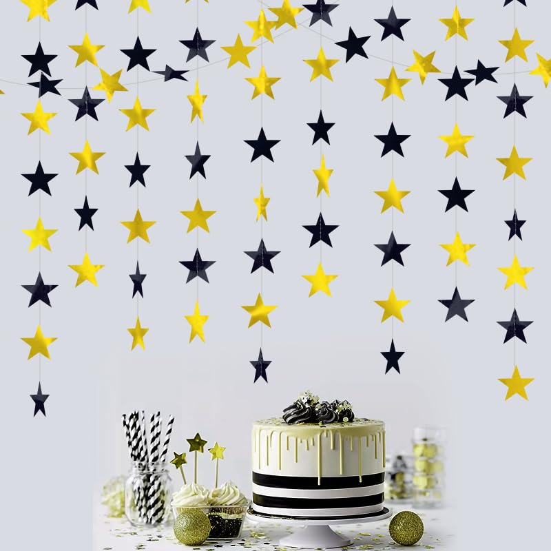 Image of Black and Gold Shining Star Hanging Garland Black Gold Hanging Sparkling Star Streamer Glitter Bunting Banner Twinkle Backdrop for Wedding Baby Shower Birthday Decorations 40 Feet