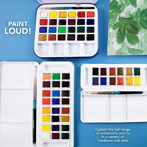 Daler-Rowney Aquafine Watercolour Half Pan Paint Travel Set, 24 Assorted Colours + 1 Aquafine Watercolour Brush, Ideal for Professional & Beginner Artists
