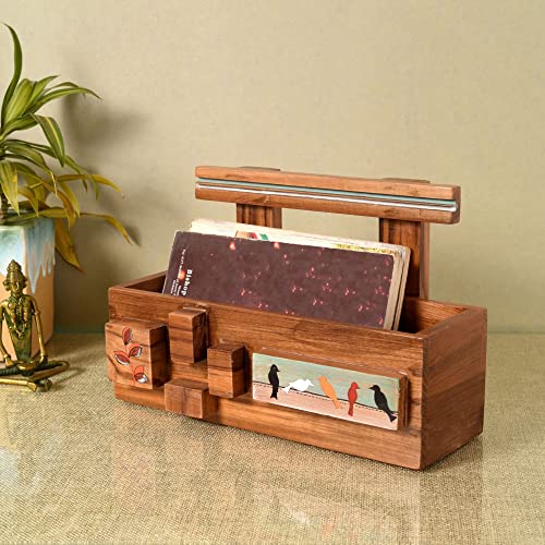 Image of AAKRITI ART CREATIONS Modern Art Wooden Magazine Holder | Hand-Painted & Teak Wood Storage For Hall | Magazine Holder For Bedroom, Living Room, and Entryway