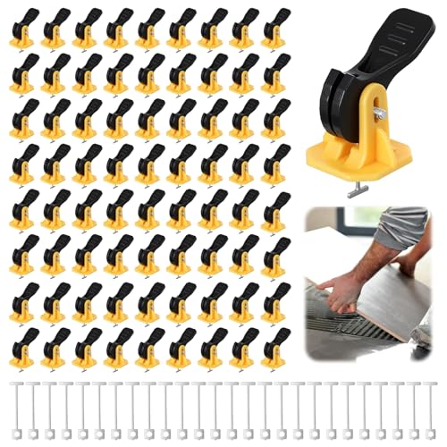 Oqqlin Tile Leveling System Kit, 100 Pcs Reusable Tile Leveler with 50 Pcs Replaceable Spare Steel T-Pins Fit 8-12 mm Tiles Spacers Leveler Tiles Tools for Wall and Floor Installation (2.2 x 1.1 Inch)