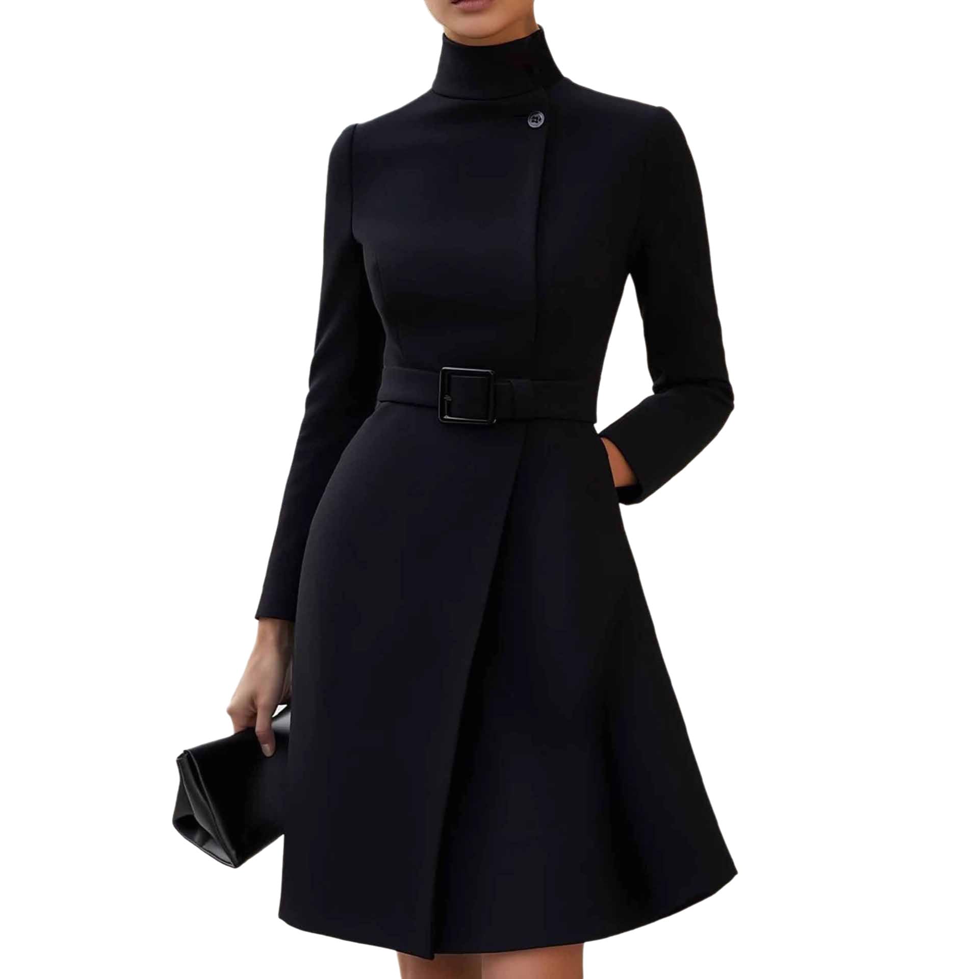 Womens Long-Sleeved Elegant Dress with a Stand-up Collar Zipper and Fitted A-line Office Casual Coat