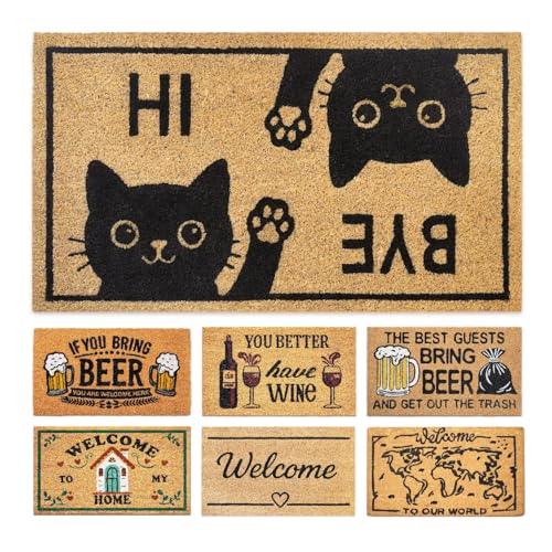 LUA VIKA Paillasson Exterieur Entree - Hi Bye Chat - 40x70 cm - Tapis Entree Exterieur Antidérapant - Tapis Coco Interieur Drole - Paillasson Coco Original...