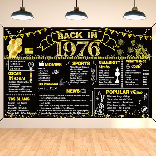 Image of DARUNAXY 50th Birthday Black Gold Party Decoration, Back in 1976 Banner 50 Year Old Birthday Party Poster Supplies Vintage 1976 Backdrop Photography Background for Men & Women 50th Class Reunion Decor