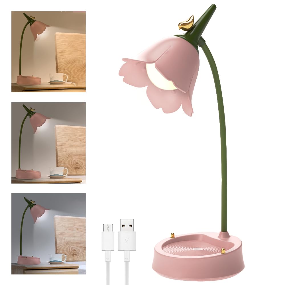 XPJBKC Lampara Escritorio Niña Rosa, Flexo Led Escritorio para Niños con Sensor Táctil y Brazo Flexible, Recargable Regulable Lampara Lectura Escritorio con Flores, Lampara Escritorio Infantil Regalo