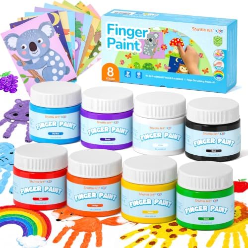 Shuttle Art Fingerfarben Kinder ungiftig Set 8×100ml ab 2 Jahre | Waschbares Malset für Kinder, Fingermalfarben mit 10 Stück Malvorlagen, EN71 Geprüft, Kinder Malset für Hand und F