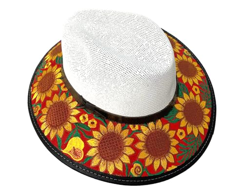 Floral Embroidered Straw Sun Hat Multicolored Flower White Sombrero Womens Fashion Handmade Boho Accessories (US, Alpha, Medium, Sunflower)