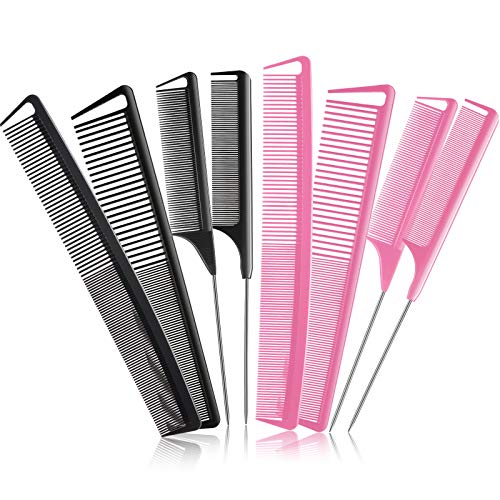 8 Pieces Fine Teeth Comb Rat Tail Hair Comb Carbon Fiber Teasing Parting Styling Combs and Carbon Fine Cutting Comb Fiber Pintail Hairdressing Comb for Braids Salon Home Supplies, Black and Pink