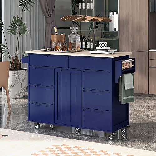 Favfurish Multipurpose Kitchen Cart Cabinet with Rubber Wood Countertop and 8 Handle-Free Drawers Including a Flatware Organizer & 5 Wheels,for Dining Room, Home,Bar, Dark Blue