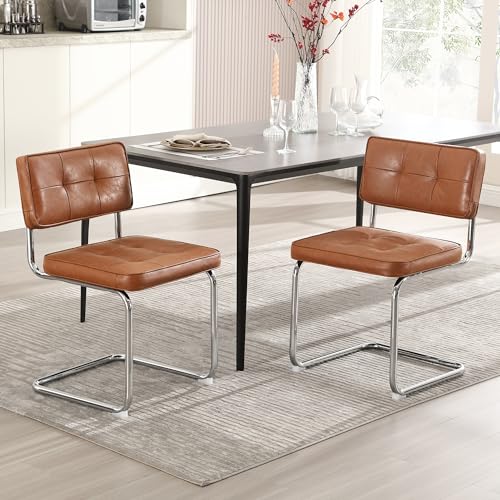 Zesthouse Mid Century Modern Dining Chairs Set of 2, Upholstered Leather Kitchen Chairs with Stainless Chrome Legs, Metal Dining Chair, Breuer Inspired Cantilever Chair, Brown