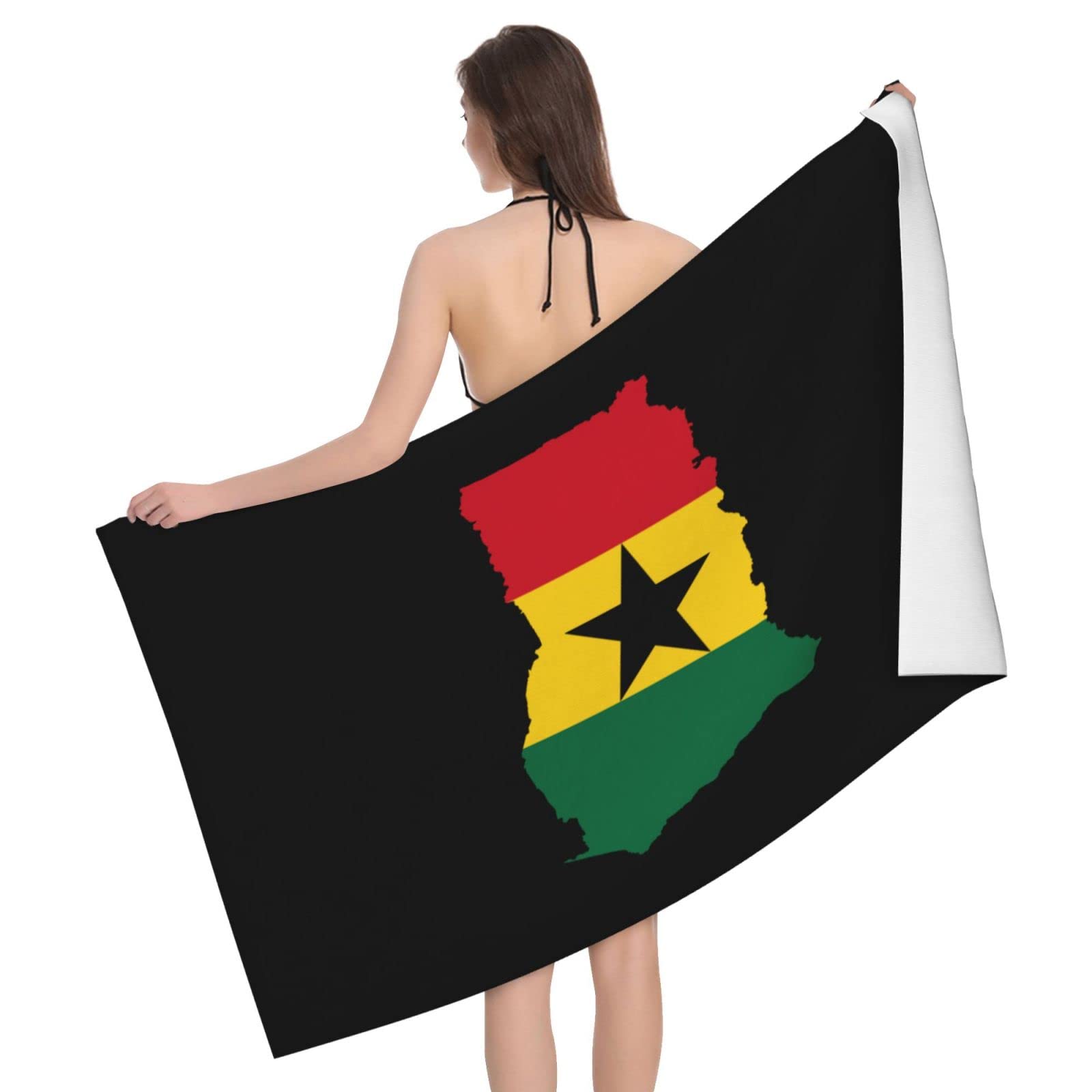 Lsjuee Ghana Flag Map Bath Towel Absorb Water Quick Dry Bath Towel, for Beach, Swimming Pool, Camping