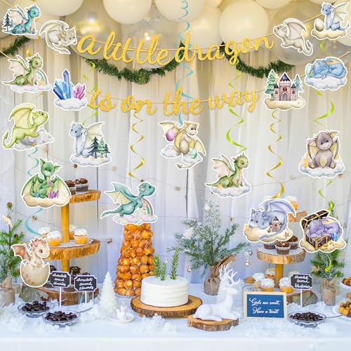 Image of Dragon Baby Shower Decorations Include A Little Dragon is On The Way Banner and Hanging Swirls Dragon Theme Party Supplies