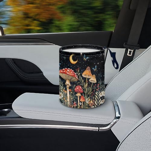 Image of Moon Mushroom Car Trash Storage Box Collapsible Small Car Waste Basket Bin Compact Universal Strap Attach to Auto Garbage Holder Travel Accessories