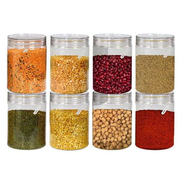 Image of PEARLPET Plastic Containers for Kitchen Storage | Plastic Container Set with Spoon | BPA-Free, Stackable Jars | Transparent, 1000ml (Set of 8)