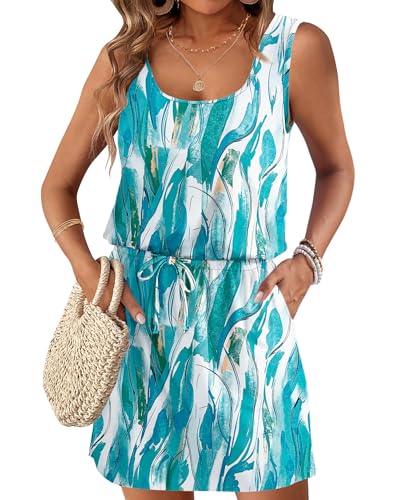 Image of AUSELILY Summer Dresses for Women Casual Sleeveless Drawstring Mini Dress | Sundress with drawstring waist & pockets. Casual beach cover up for summer vacation, pool and daily wear