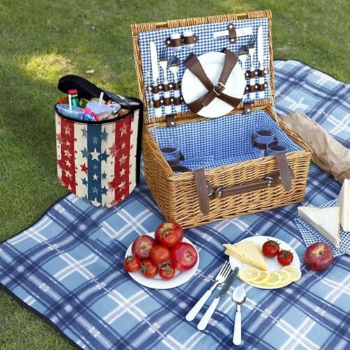 Image of Talayituse American Flag Star Print Car Trash Can Portable Auto Garbage Bin Multifunctional Vehicle Interior Accessories with Adjustable Straps 4th of July Decor Universal Fit Truck SUV Sedan