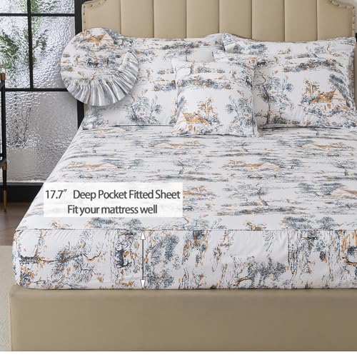 Image of FADFAY Toile Sheets Set King 100% Egyptian Cotton French Country Toile de Jouy Bedding Classic Black and Gold Floral Bed Sheets Shabby Farmhouse Bedding Breathable Soft Deep Pocket 4Pcs, King Size