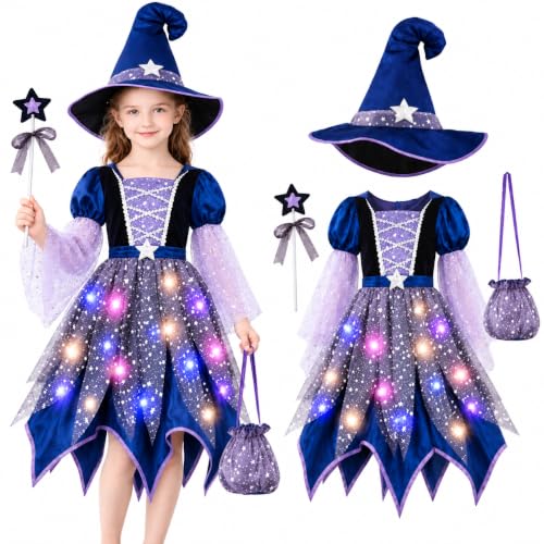 Vestito Halloween Bambina Strega, Vestito Strega Bambina Costume Halloween Accessori Set 4 Pezzi con Vestito, Cappello, Bacchetta e Borsetta, per Halloween Carnevale Spettacolo, Festa 4-15 anni