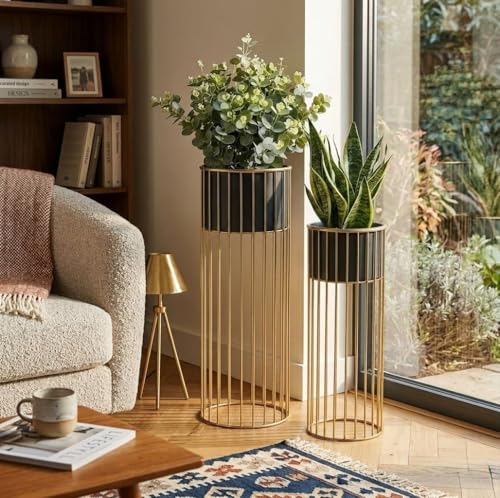 Image of Inspired Creations Modern Metal Floor Standing Planter Set of 2 | Decorative Gold & Black Indoor /Outdoor Plant Stand with Pots | Home Decor for Living Room, Balcony, Office & Bedroom