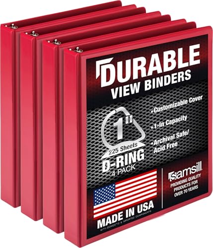 Image of Samsill Durable 1 inch 3 Ring Binder, D Ring Binder, 100% Recycled Chipboard, Red, 4 Pack