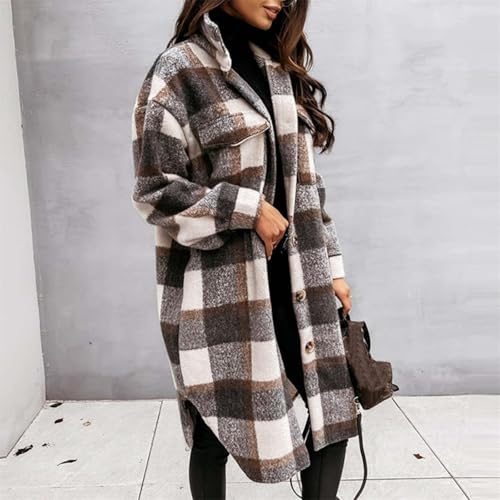 Womens Plaid Shacket Jacket Lapel Wool Blend Long Shirt Casual Button Down Coat with Pockets Flannel Trench Coats2