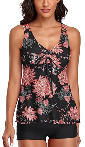 Omichic Tankini Swimsuits For Women Two Piece Bathing Suits Cute Pink Floral Tank Top With Boyshorts Tummy Control Swimming Small #TOP4
