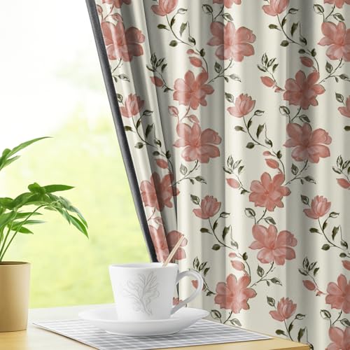 Image of LINENWALAS Printed Blackout Curtains for 5 Feet Window | Set of 2 | Floral Printed Drapes | Thermal Insulated, Room Darkening Panels with Grommet Hanging for Living Room (Peach Bloom)