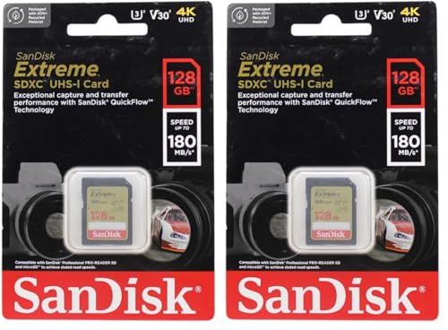 SanDisk Extreme SDXC UHS-I Speicherkarte 128 GB (V30, 180 MB/s Übertragung, U3, 4K UHD Videos, SanDisk QuickFlow-Technologie, wasserdicht, stoßfest, temperaturbeständig) (Packung mit 2)