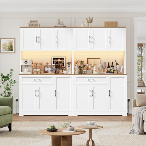 FirFurd Kitchen Cupboard Tall Kitchen Cabinets with LED & Power Outlet Sideboard Storage Cabinet with Spice Rack, Countertop and Drawer Dining Room Furniture180.5x100.2x38.6cm White+Brown - Image 7