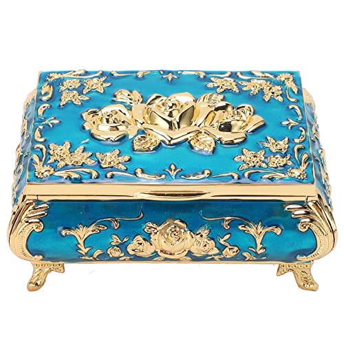 Caja de Joyería Vintage, Caja de Almacenamiento de Tesoro de Aleación de Zinc, Caja de Tesoro Pequeña, Organizador de Joyas, Pendientes, Collar, Caja de Regalo de Recuerdo(Azul Dorado)