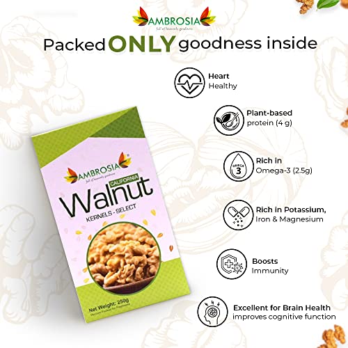 Image of Ambrosia California Walnut Kernels (Akhrot Giri) 250g | Extra Light Halves | Premium Shelled Walnuts | Healthy Dry Fruits | Rich in Omega-3