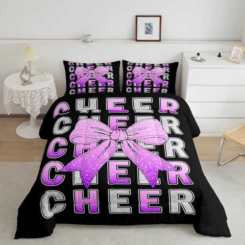 Image of Feelyou Bowknot Cheer Comforter Set Full Size Cheerleading Bedding Set for Kids Boys Girls Pink Purple Glitter Cheerleader Duvet Quilt Cheer Bow Bedroom Decor Microfiber 3 Pcs with 2 Pillow Cases