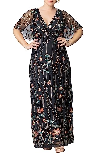 Kiyonna Women's Plus Size Floral Embroidered Elegance Evening Gown | Flattering Long Formal Mesh Dress w/Sleeves