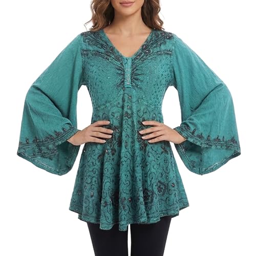 Agan Traders 2026 Long Bell Sleeve Summer Tops for Women - Medieval Boho V Neck Vintage Party Exotic Tunic Blouses for Women (116 B, XL, Tuq) Turquoise