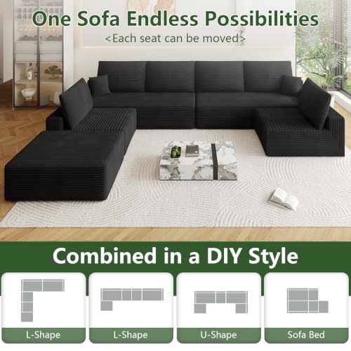 Image of Oversized Modular Sectional Sofa Couch, Large 7 Seater Corner Sofa Modern U Shaped Sectional Couch with Ottoman Cloud Couches for Living Room, Office, Spacious Space, Corduroy, No Assembly, Black