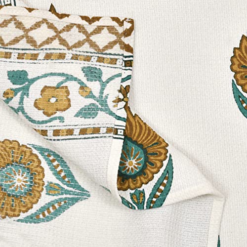 Image of Mafatlal Madhuban Cotton Waffle Bath Towels - Super Soft & Quick Dry | 147x76 cm | 250 GSM | Indian Floral Print, Premium Feel | Set of 2 | Gold N Blue