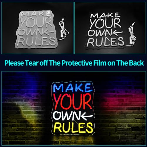 Image of Make Your Own Rules Neon Sign, JGHTURIE Neon Signs for Wall Decor White Light Up Sign Game Room Office Bar Party Led Sign Decor, USB Powered