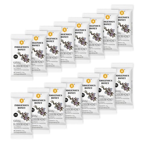 Image of INDIGENOUS HONEY Natural Karanj Honey Organic Raw Pure Unprocessed Added Sugar Free NMR Tested Unpasteurized Unheated 15 Travel Sachets 15g Each Total 225g