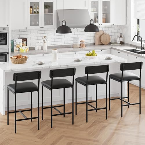 Image of Garvee Bar Stools Set of 4, Upholstered Counter Height Bar Stool with Backrest and Footrest, Wider Seat, Kitchen Barstools for Kitchen Island, Dining Room, Easy Assembly, Retro Black