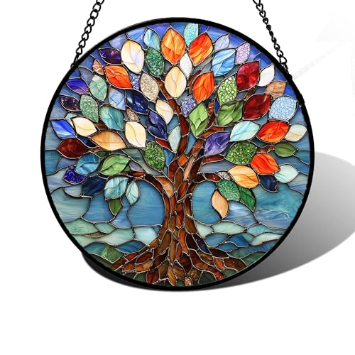DASTOLL Stained Glass Window Hanging, Colorful Tree of...