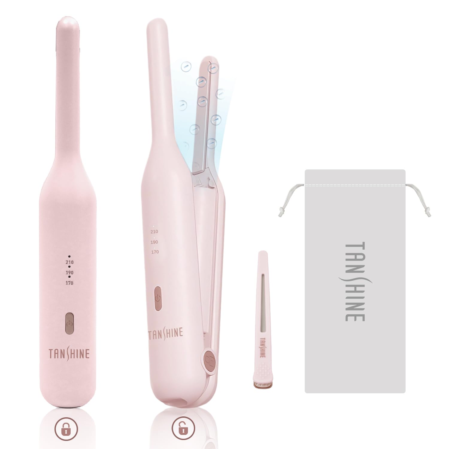 TANSHINE Cordless Mini Flat Iron for Bangs & Short Hair, USB-C Rechargeable Travel Hair Straightener with Negative Ions Pink