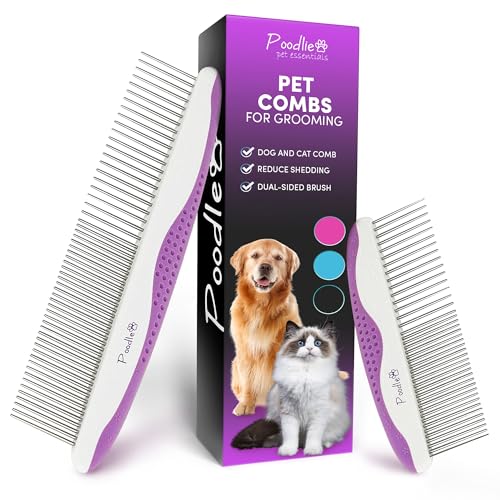 Poodle Pet Dog Combs for Grooming | 2 Pack | Stainless Steel Teeth Easily Remove Dirt | Proper Care Prevents Knots and Mats for Long and Short Haired Pets | Anti-Slip Comfort Grip Handle (Purple)