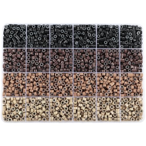 Silicone Beads for Hair Extensions Funtopia 1920pcs 4 Colors 5mm Hair Extension Beads Silicone Lined Micro Rings Links Hair Tinsel Bead for Hair Styling (Black-Dark Brown-Light Brown-Blonde)