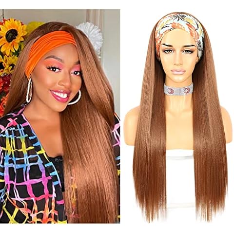 Sapphirewigs Yaki Straight Headband Wigs for Women Brown Synthetic Glueless Headband Wig Heat Resistant Wig 26inch Cover