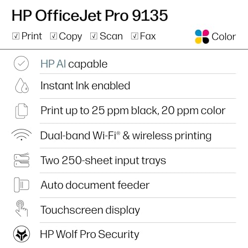 Image of HP OfficeJet Pro 9135 Wireless All-in-One Color Inkjet Printer, Print, Scan, Copy, Fax, ADF, Duplex Print /scan, Best-for-Office, 3 Month Trial of Instant Ink Included, AI-Capable (C2WM0A)