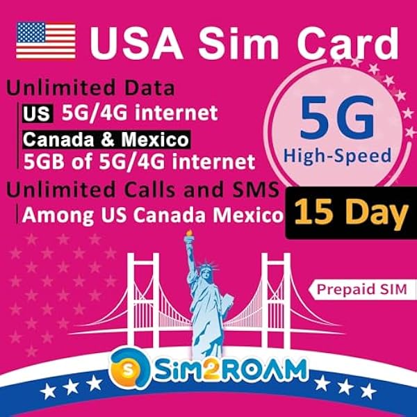 USA Kanada Meksyk Karta SIM T-Mobile | Nielimitowane dane 5G/4G LTE w USA + 5 GB danych 5G/4G w Kanadzie i Meksyku + nielimitowane rozmowy i SMS-y (15 dni) | Możliwość ponownego napełnienia!