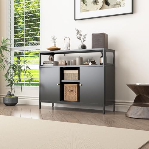 Mein-Regal Sideboard Mesh schwarz - schmale Kommode aus Metall - TV-Konsole Ablage und Schiebetür, Vitrine für Bücher und Deko - passt ins Wohnzimmer, Schlafzimmer, Büro