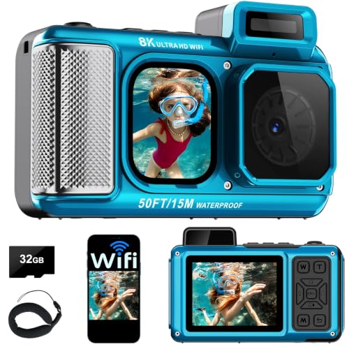 8K Underwater Camera WiFi 90MP 50FT Touch Waterproof Camera 32GB Card