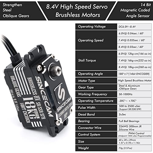 Sincecam 18Kg Low Profile 0.03Sec High Speed Brushless Waterproof Servo Metal Oblique Gear 180° Digital Steering Servo All Aluminum Case 8.4V Servo Motor For 1/8 1/10 Rc Drift Car Racing Car #TOP3